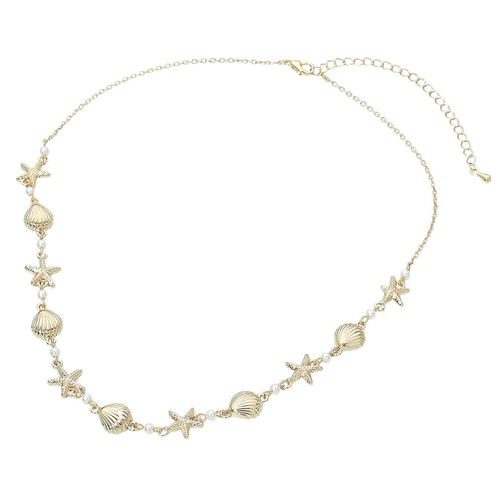 Textured Seashell Starfish Pearl Link Necklace