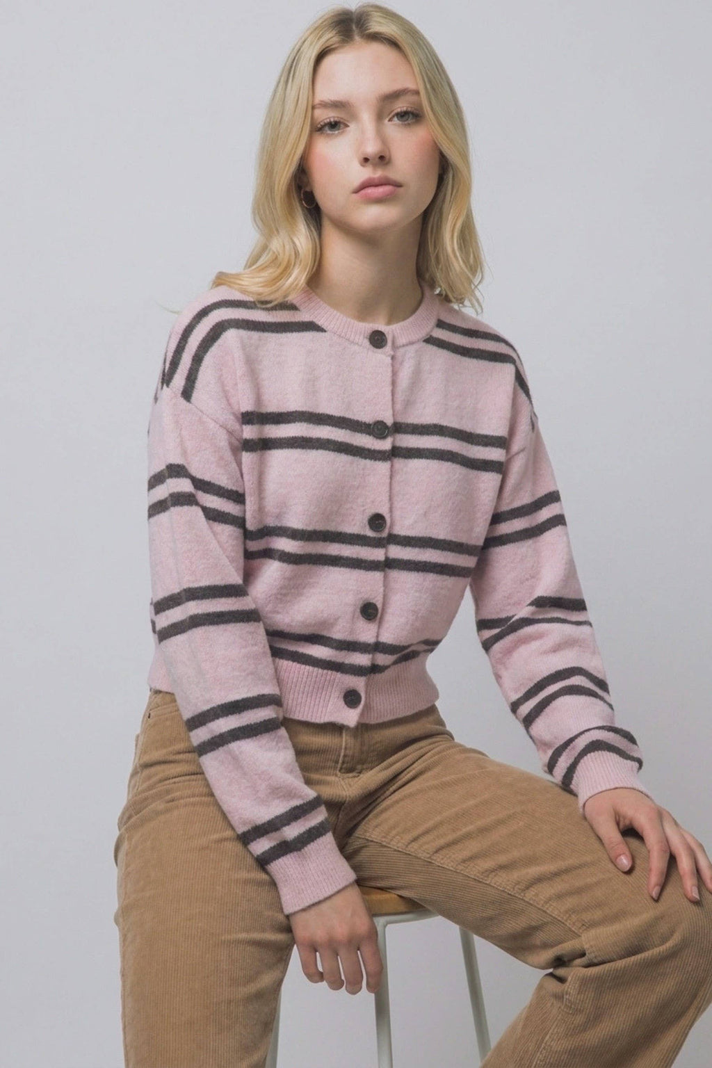 Striped Knit Crewneck Cardigan