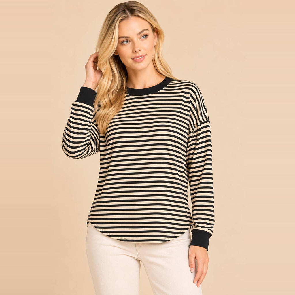 Striped Contrast-Trim Long-Sleeve Top