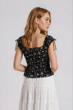 FLORAL FRONT TIE SHIRRED WAIST RUFFLED TOP