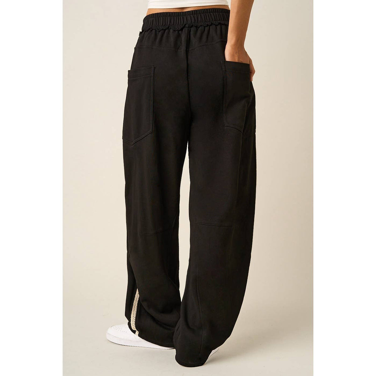LACE TRIM BARREL LEG DRAWSTRING PANTS