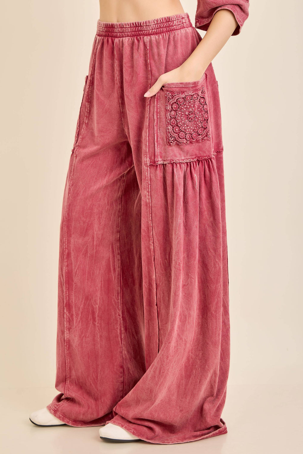 Mineral Washed Boho Trim Patched Pockets Pants HP7542