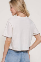Short Sleeve Round Neck Embroidery Detail Cotton Jersey Top