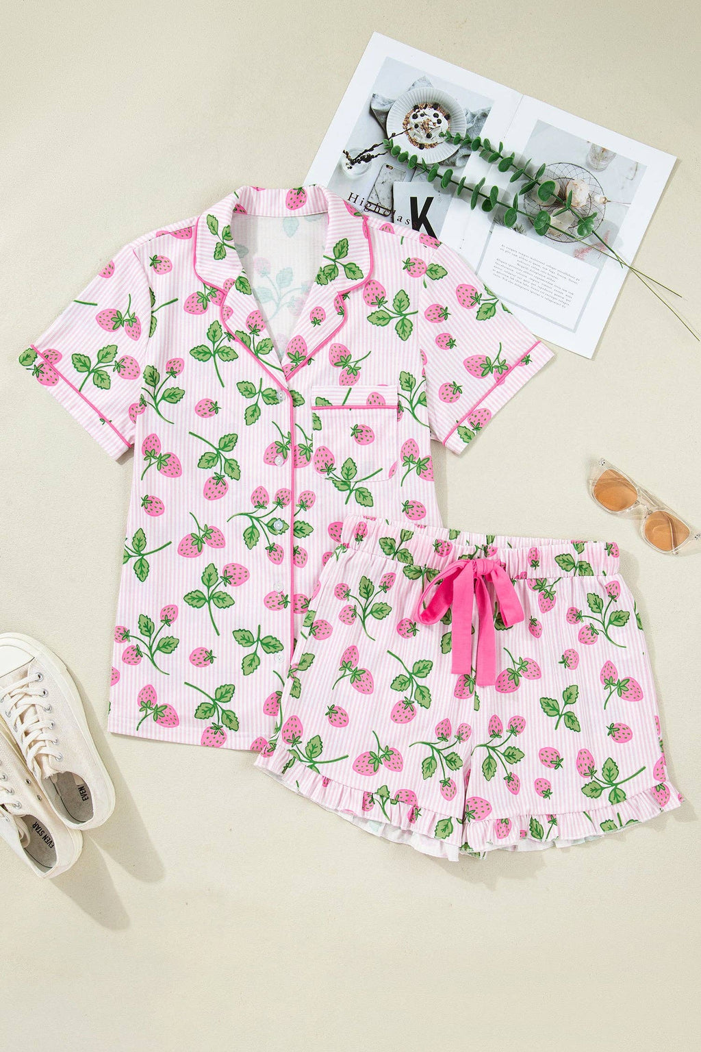 PRETTY BASH Stripe Strawberry Lapel Shirt & Shorts Set