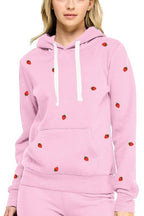 Fleece Pullover Hoodie With Strawberry Embroidery