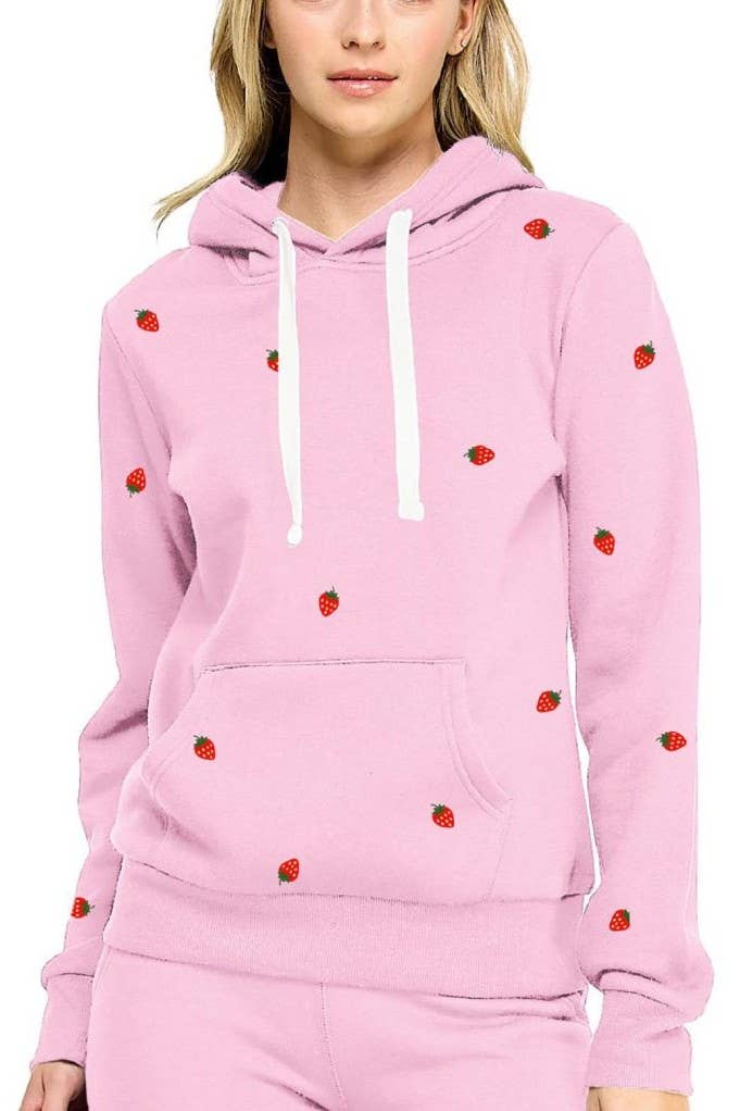 Fleece Pullover Hoodie With Strawberry Embroidery