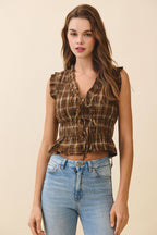 CT9661-Plaid Ruched Smocked Bodice Sleeveless Top