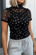 LAS Polka Dot Printed High Neck Sheer Mesh Tee (S-XL)