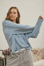 BOXY TEXTURED LONG SLEEVE WASHED KNIT TOP