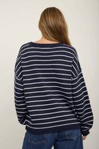 CREAM STRIPED DROP SHOULDER CREW NECK SWEATER