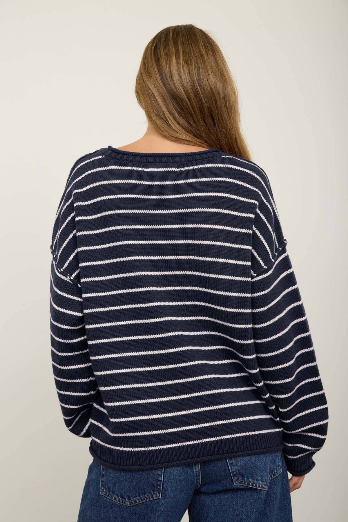 CREAM STRIPED DROP SHOULDER CREW NECK SWEATER