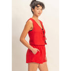 Sleeveless Tie-Front Vest And Elastic Waist Shorts Set