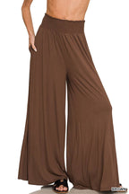 1216 Smocked Waist Wide Leg Palazzo Pants w Pockets SI-29199