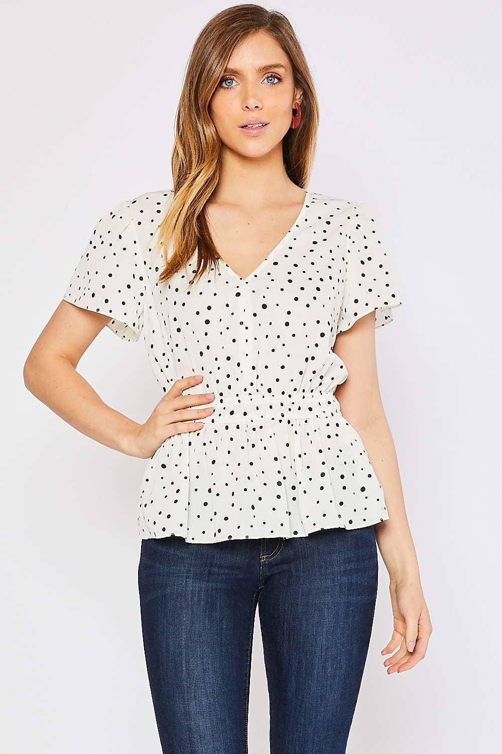 POLKA DOT PEPLUM SHORT SLEEVE BLOUSE