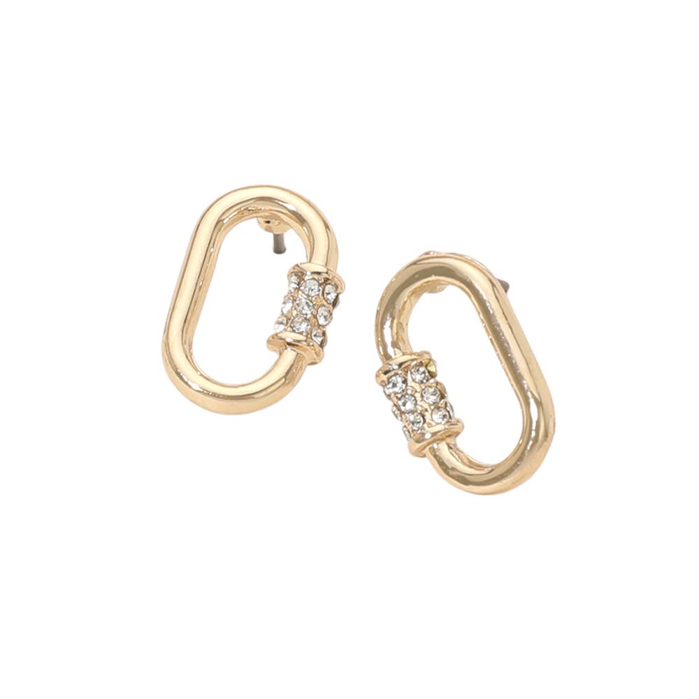 Rhinestone Pave Oval Carabiner Shape Stud Earrings