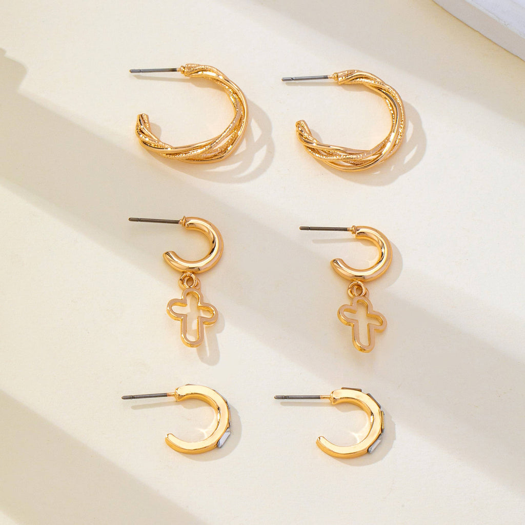 Gold-Tone Cross Baguette Hoop Earring Trio Set | 80E62865