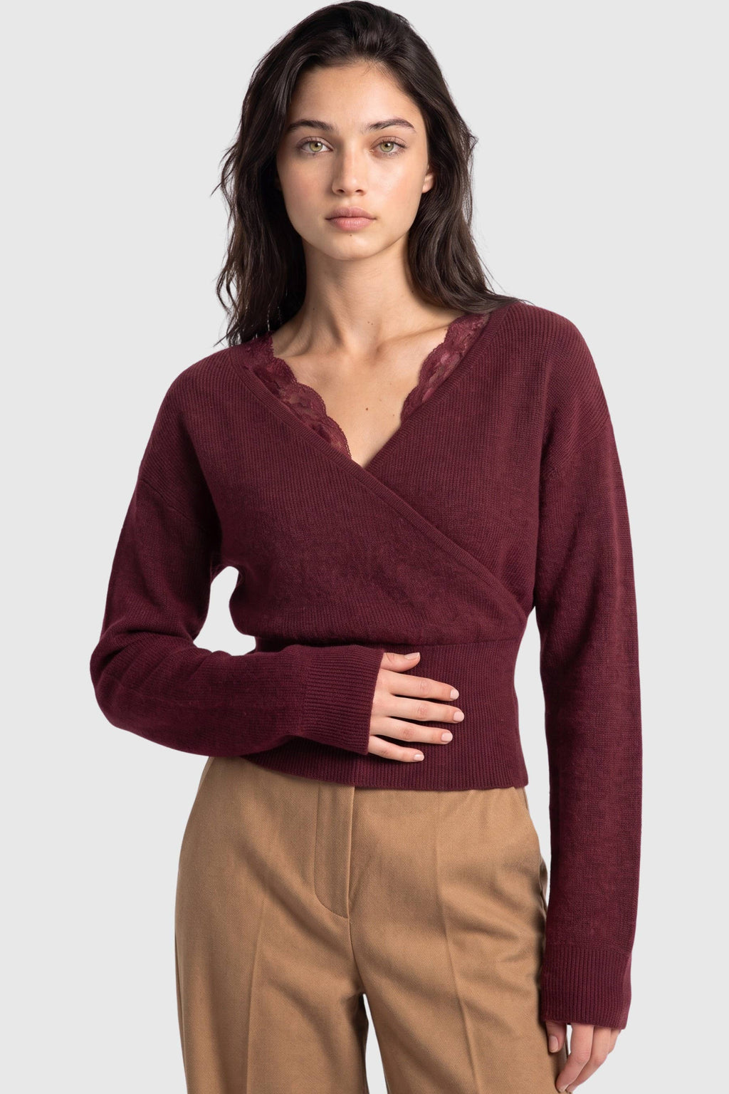 Lace-trim Faux-wrap Knit Sweater