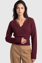 Lace-trim Faux-wrap Knit Sweater