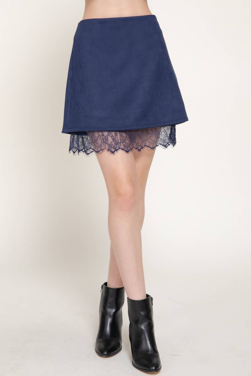 Faux Suede Lace Trim Mini Skirt