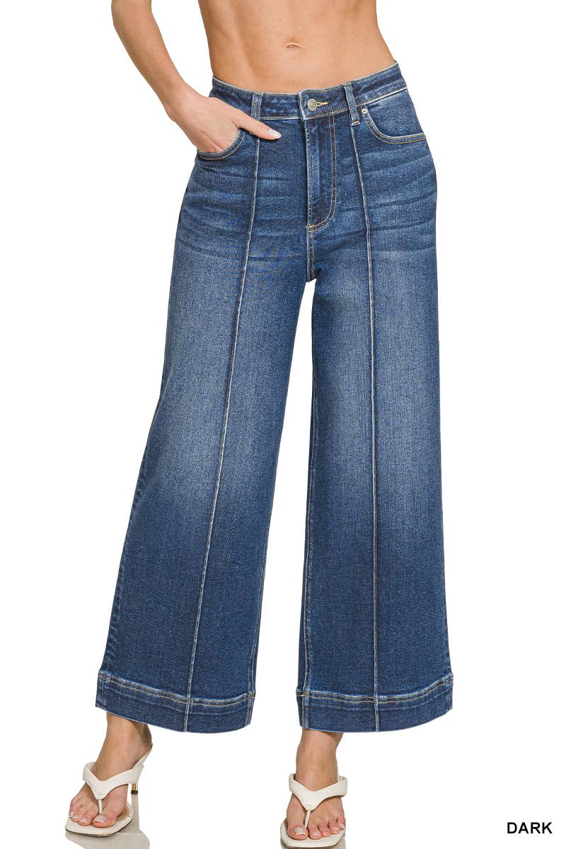 High Rise Wide Leg Pintuck Denim Pants Zenana