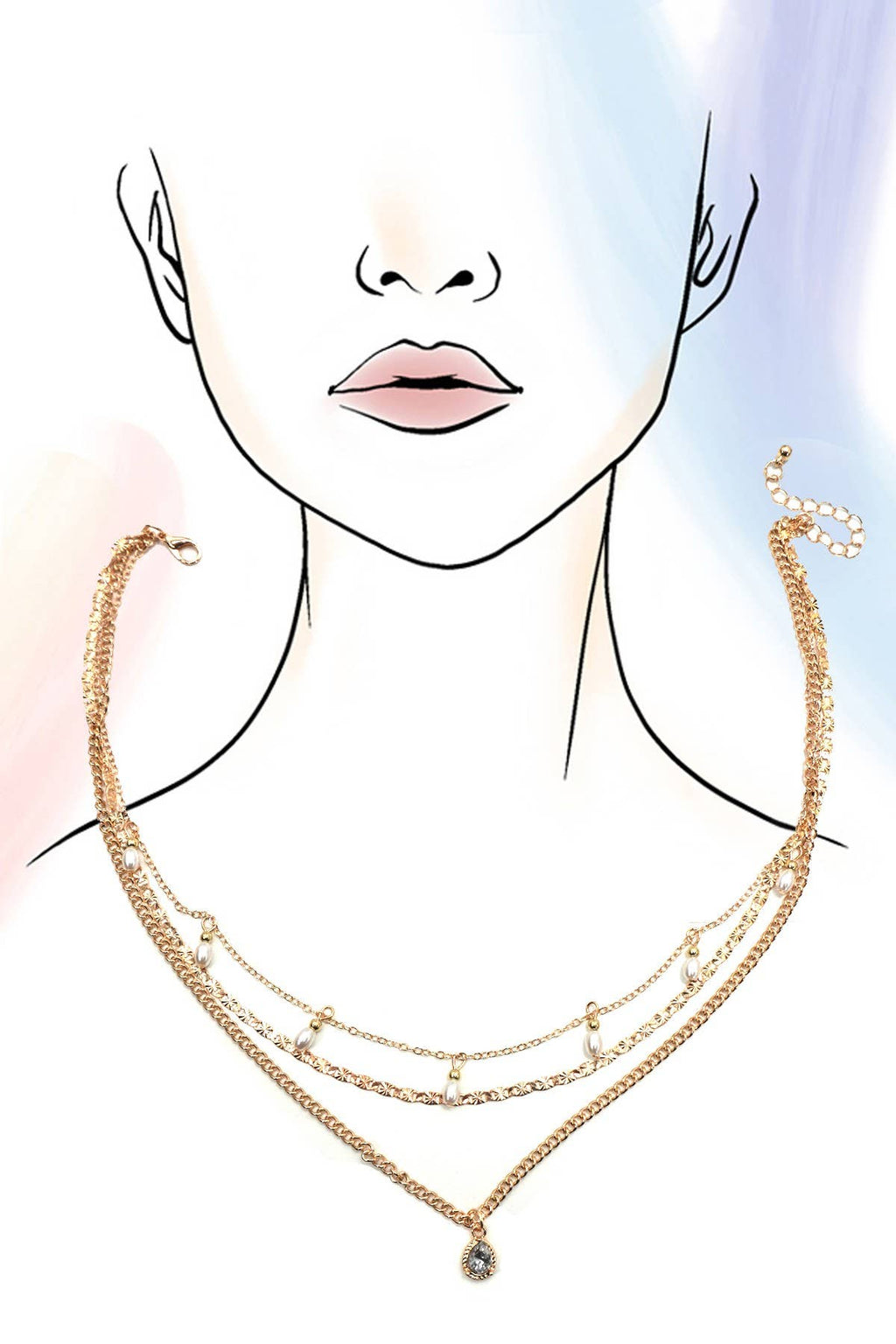 MULTI LAYER STONE CHAIN TEARDROP CHARM NECKLACE | 40NK9637