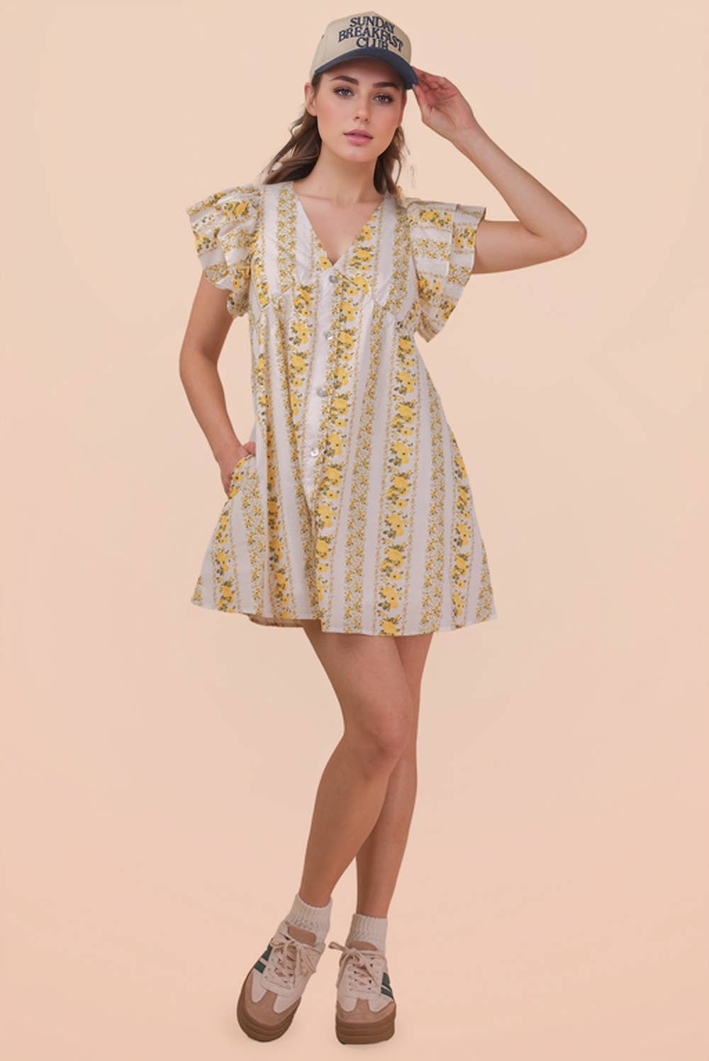 ND31775-Button Down Printed Ruffle Sleeve Mini Dress