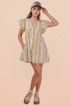ND31775-Button Down Printed Ruffle Sleeve Mini Dress