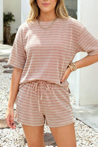 LDC Stripe Rib Loose Drawstring Elastic Waist 2pcs Short Set