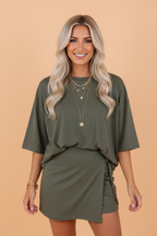 PRETTY BASH Solid Oversize Tee & Tie-Wrap Mini Skort Set