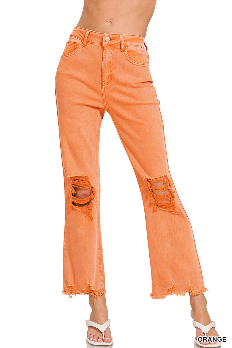 `Acid Wash High Waist Distressed Straight Leg Pants