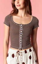 Stripe Cotton Jersey Scoop Neck Button Up Top