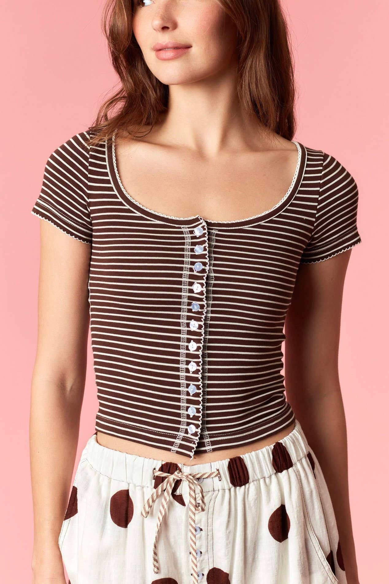 Stripe Cotton Jersey Scoop Neck Button Up Top