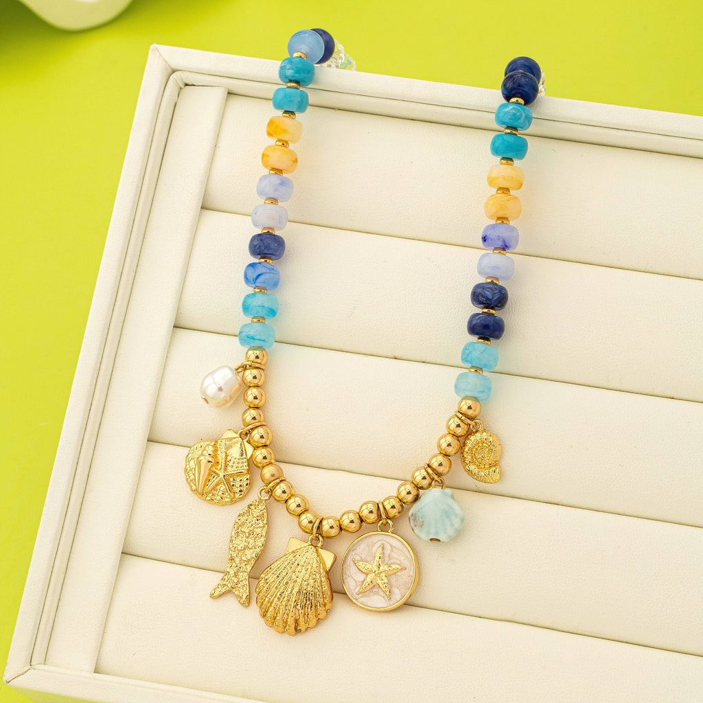 Nautical Blue Beaded Sealife Charm Necklace | 80N92927