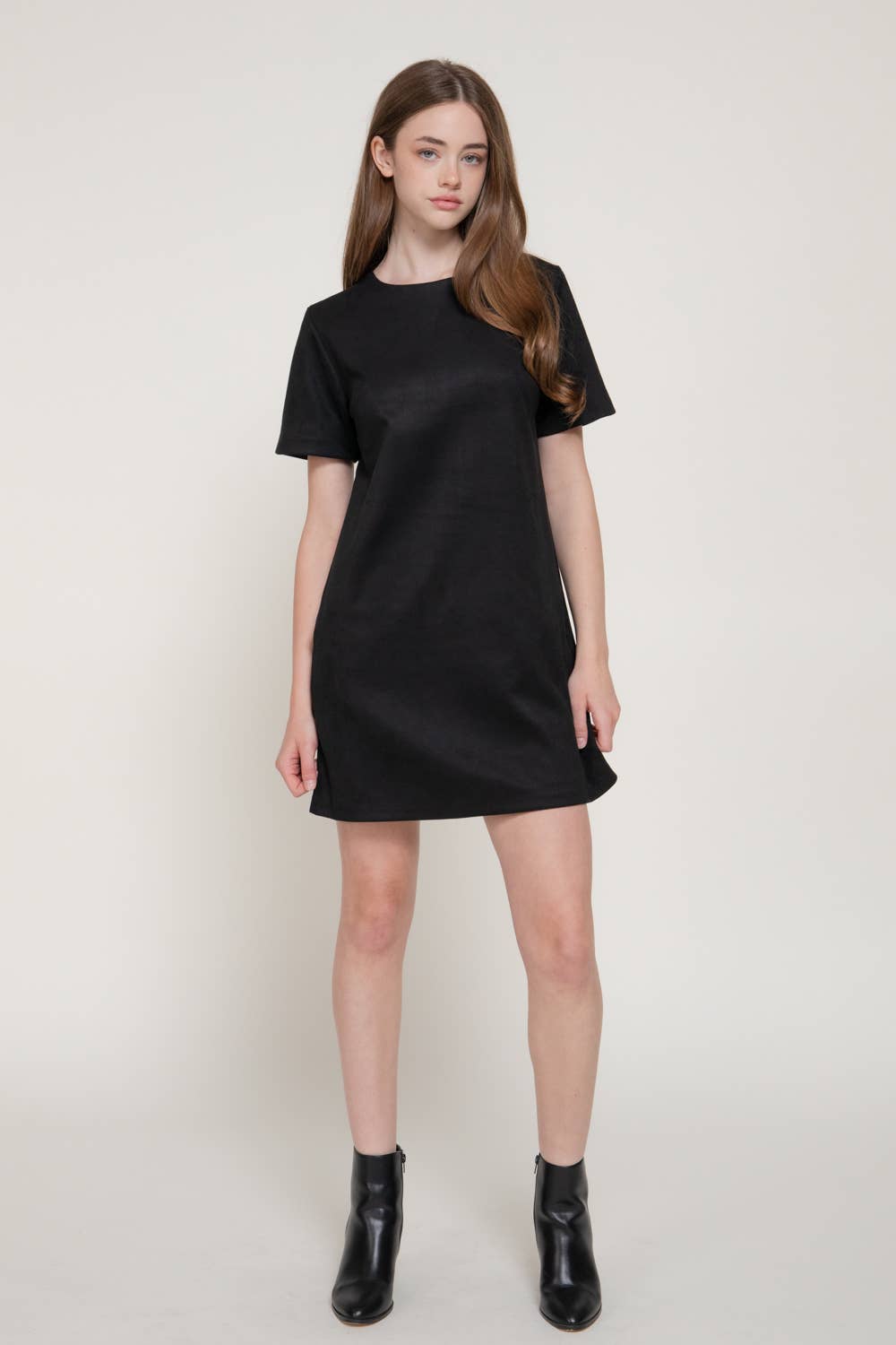 Short Sleeve Round Neck Semi A-Line Faux Suede Mini Dress
