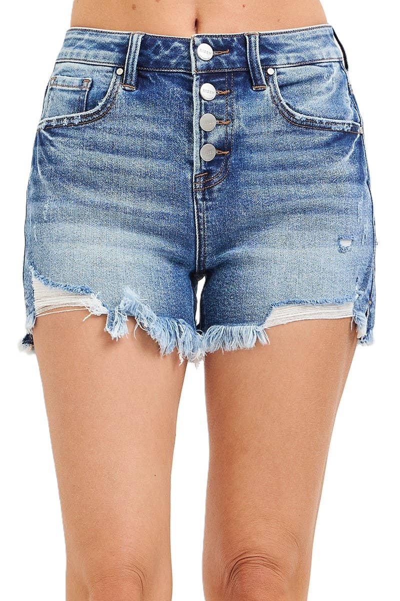 High Rise Button Down Step Side Hem Shorts