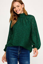 Lace High Neck Back Tie Blouse