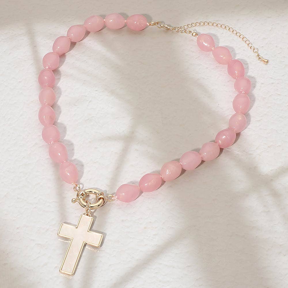 Mother of Pearl Cross Toggle Pendant Beaded Necklace