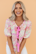 PRETTY BASH Floral Ribbon Tie Front Puff Sleeve Blouse