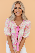 PRETTY BASH Floral Ribbon Tie Front Puff Sleeve Blouse