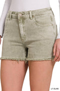 Washed Fray Hem Cotton Denim Shorts - Zenana