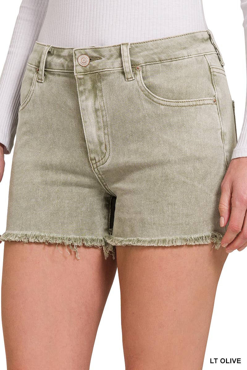 Washed Fray Hem Cotton Denim Shorts - Zenana