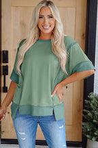 PRETTY BASH Colorblock 3/4 Sleeve Raw Seam High-Low Top
