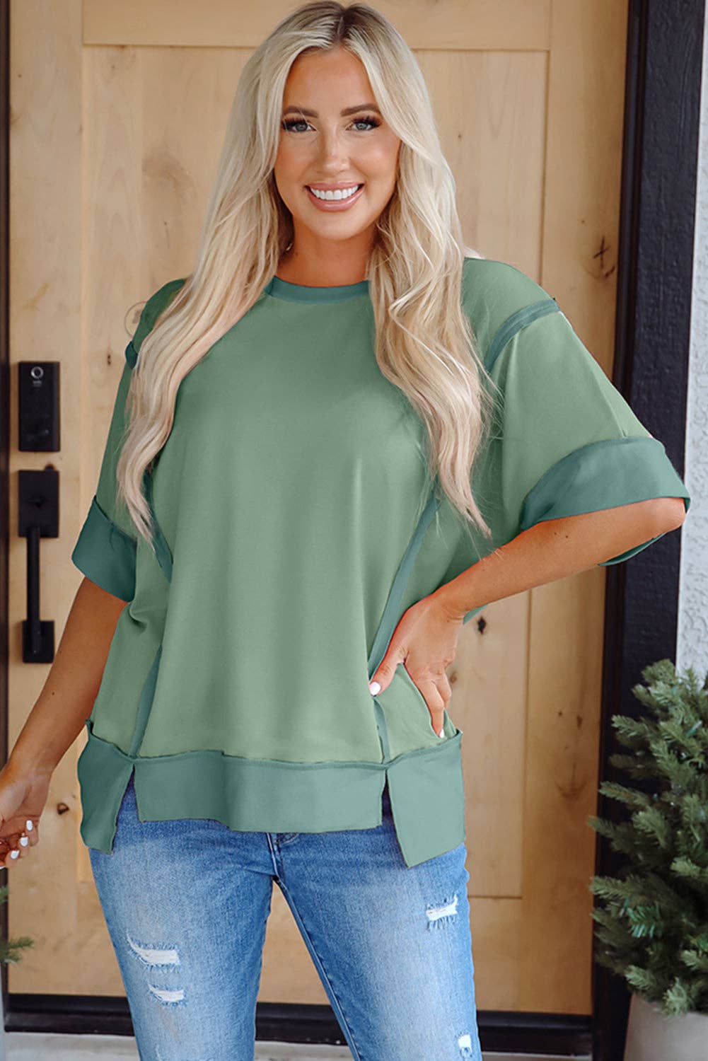 PRETTY BASH Colorblock 3/4 Sleeve Raw Seam High-Low Top