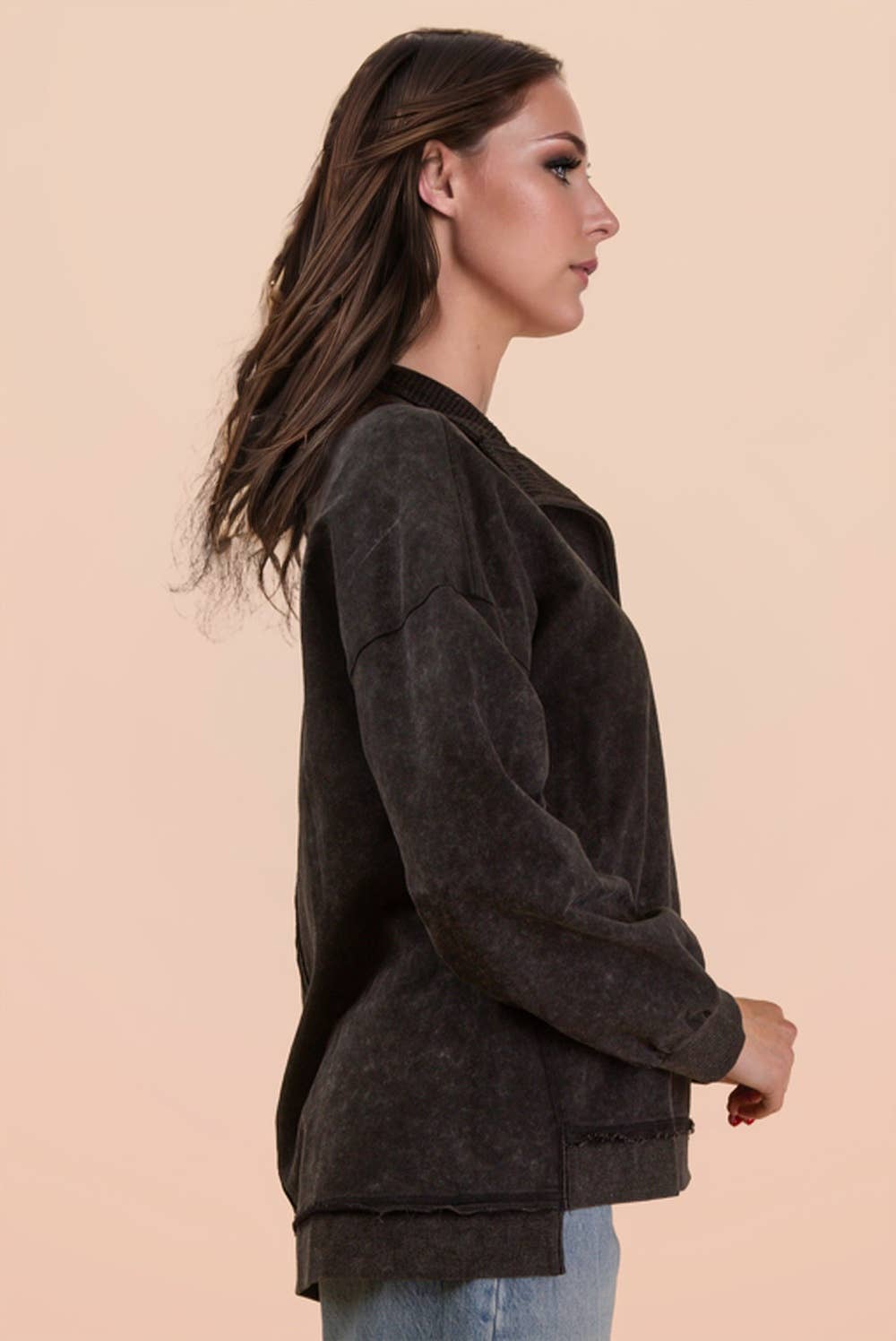 NT12225-Mock Neck Mineral Washed Knit Causal Top
