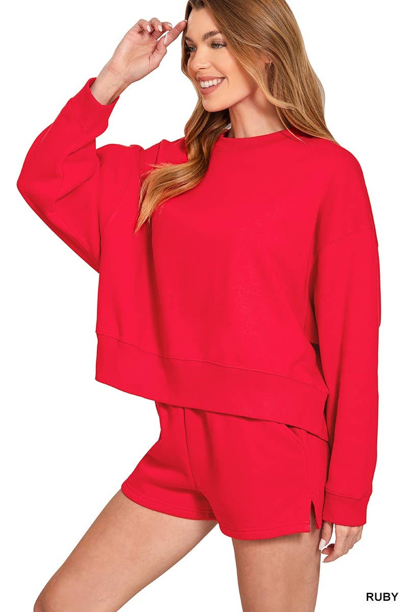 Fleece Round Neck Pullover And Shorts Set