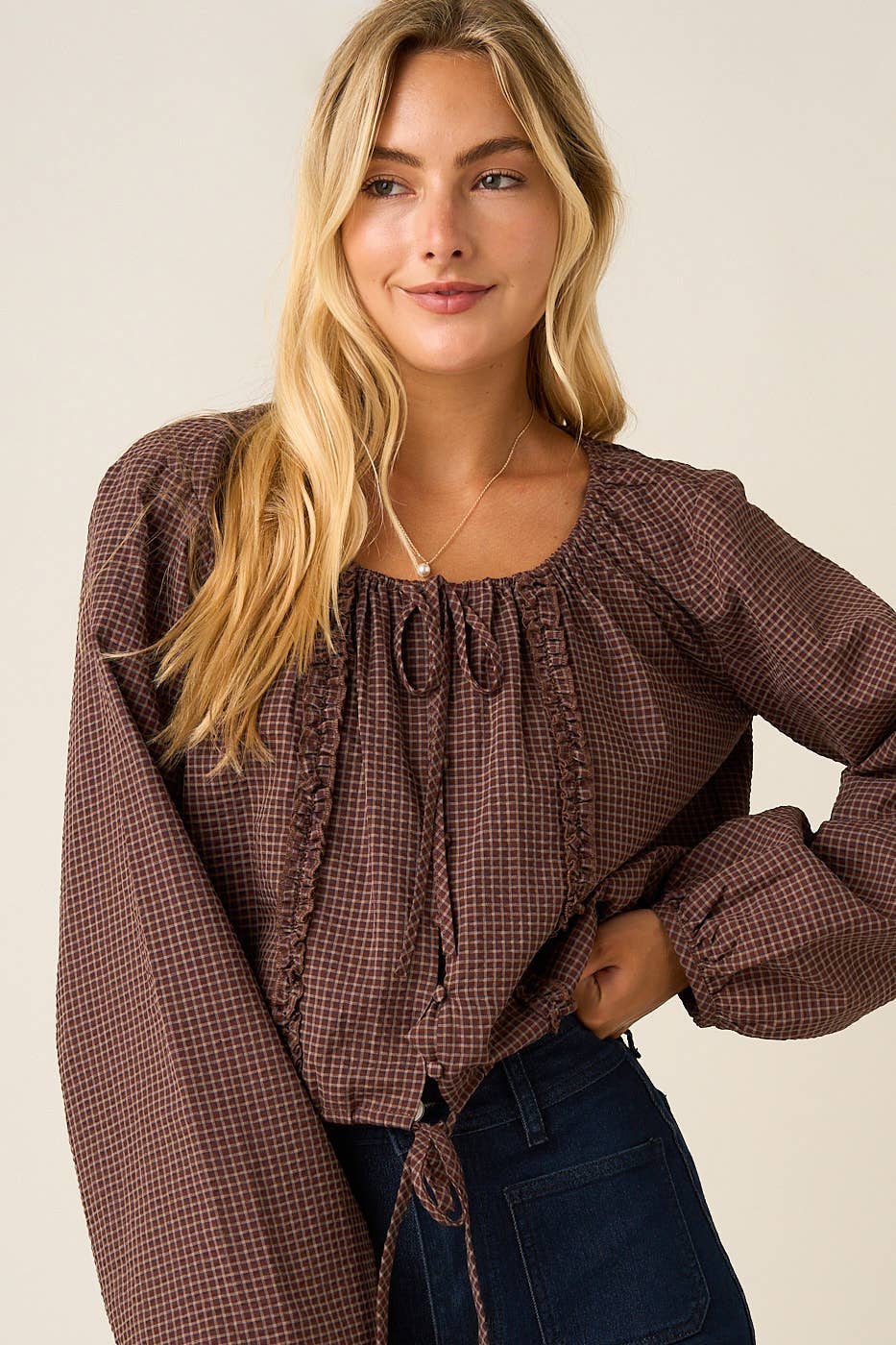 CHECKERED RUFFLE TRIM TIE FRONT LONG SLEEVE TOP