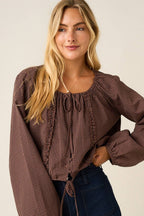 CHECKERED RUFFLE TRIM TIE FRONT LONG SLEEVE TOP