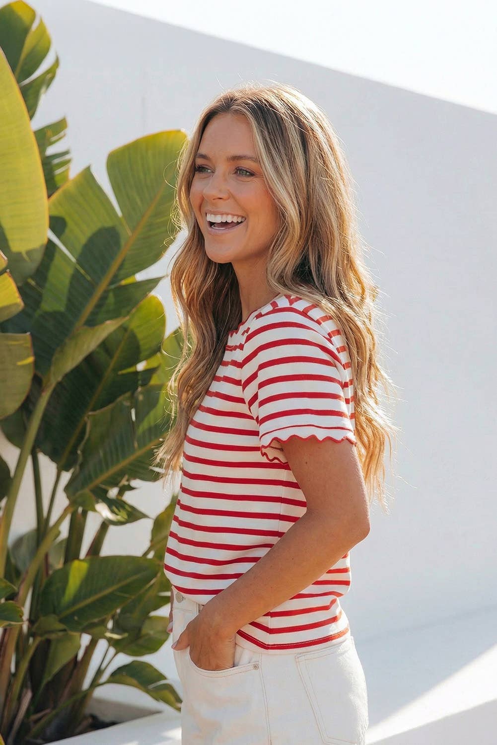 Stripe Scalloped Trim Round Neck Shirt