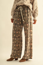 Vintage Print Linen Blend Drawstring Wide-leg Pants