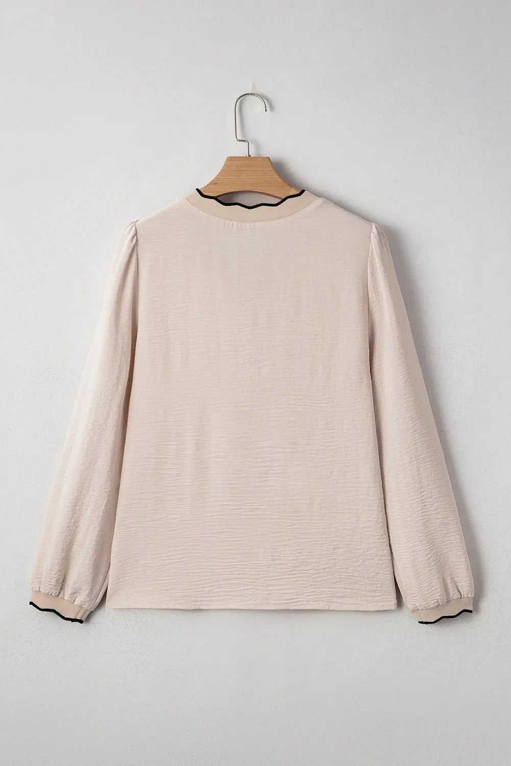 Contrast Scallop Trim V Neck Long Sleeve Blouse